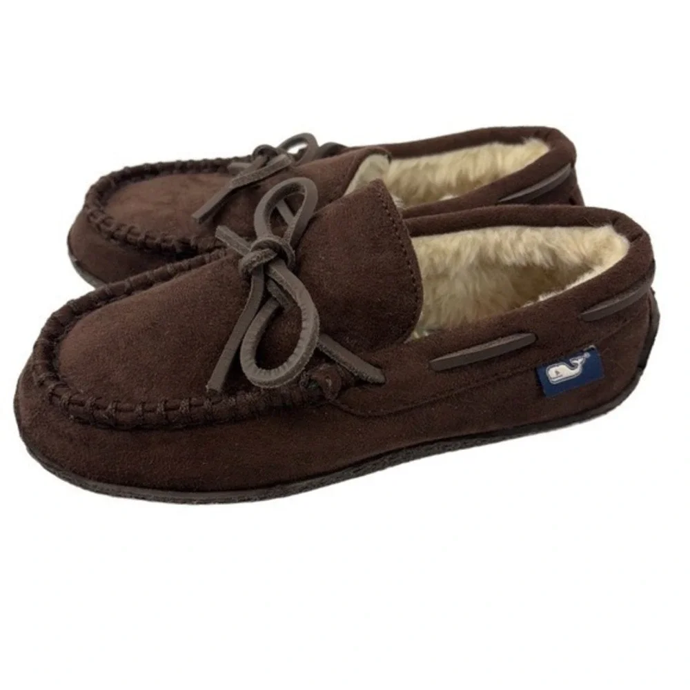 Vineyard Vines Kids 2M Brown Moccasin Slippers Faux Suede Faux Fur Lining